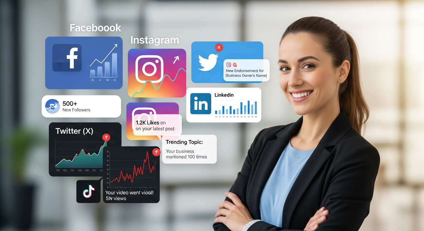 Business owner smiling while multiple social media platforms post automatically in the background showing growth charts and notifications